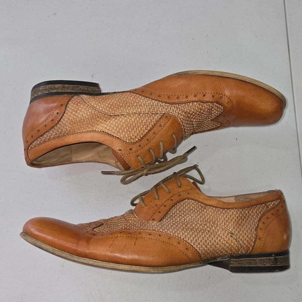 MIXX Bayard Men 43 Tan Leather Woven Wingtip Brogue Oxford Dress Shoes AC612